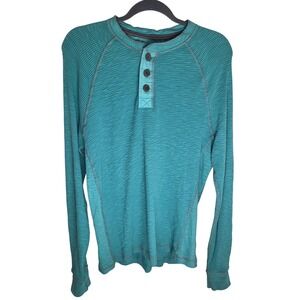 True Grit Mens Large Teal Blue Waffle Knit Henley Long Sleeve Thermal Shirt